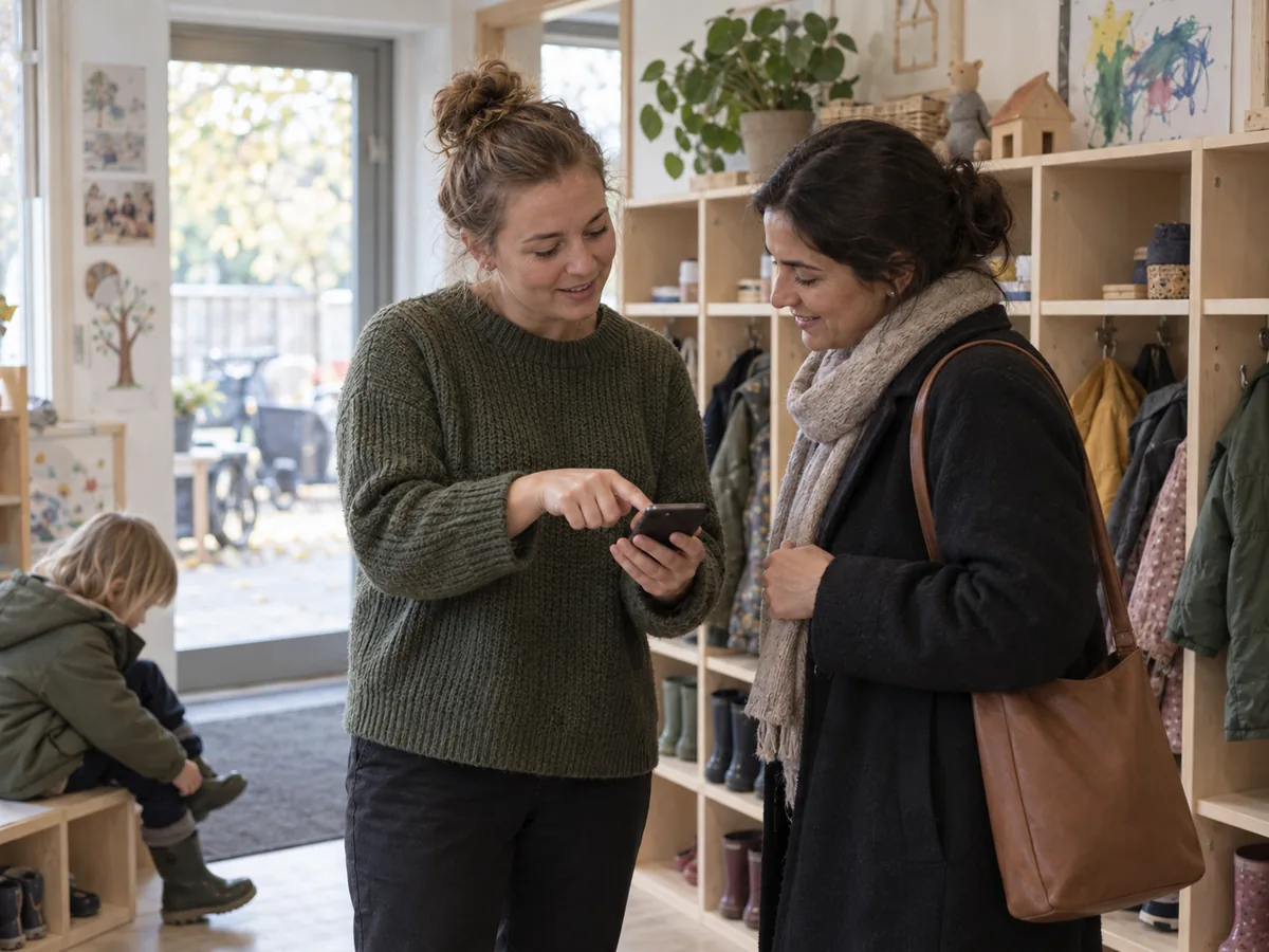 A daycare employee shows a short message on a mobile phone to a parent