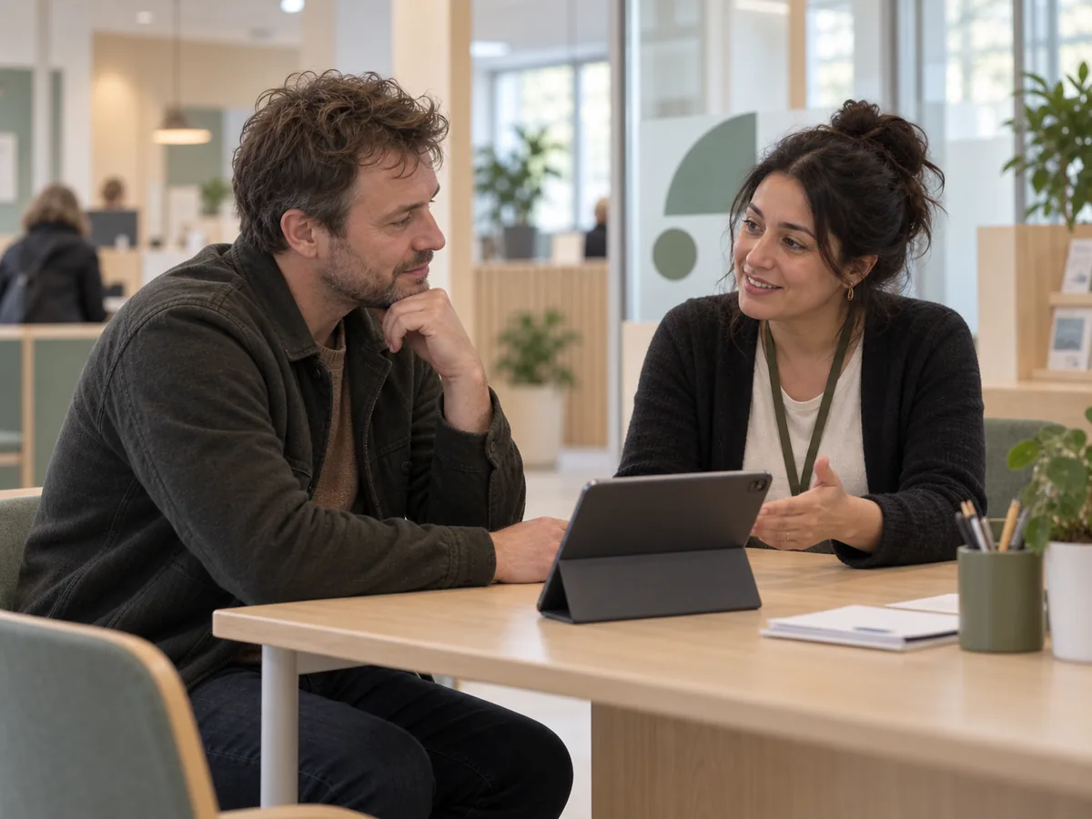 A municipal employee and a citizen speaking at a table with a tablet