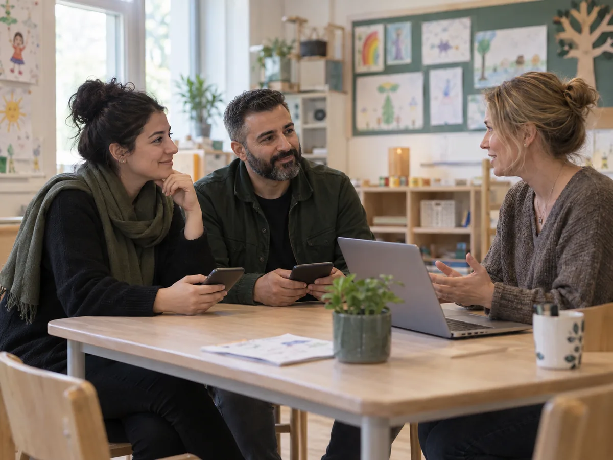 Two parents speaking with a staff member around a table at a school